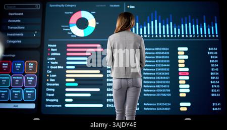 Woman Analyzing Big Data On Artificial Intelligence Dashboard For Trading Stocks. Possible Professions: Analyst Stock Photo