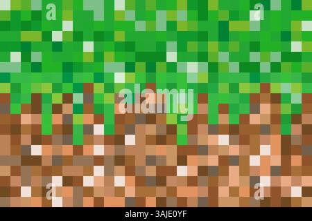 Pixel texture background with grass and ground blocks. Green and brown cubes in seamless pattern for game. Square bricks abstract wallpaper. Vector Stock Vector