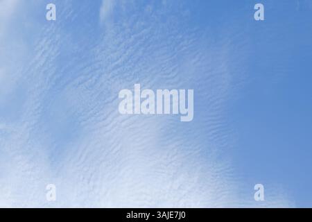 A clear blue sky featuring textured, wispy white clouds spread across the horizon. Ideal for nature backgrounds, weather concepts, and minimalist desi Stock Photo