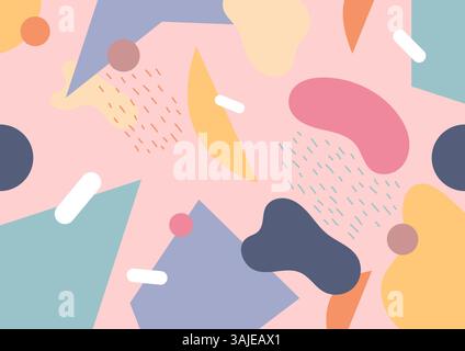 playful abstract pattern featuring pastel circles, triangles, and organic shapes scattered on a soft pink background. modern decor, wallpaper, and cre Stock Vector