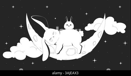 Cute moon bunnies sleeping on crescent night lofi illustration outline Stock Vector