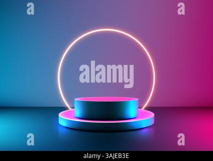 Futuristic 3d podium with vibrant blue and pink neon lights, glowing ring, and sleek cylindrical top for product display, technology mockup, or modern Stock Vector