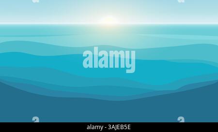 Serene stylized illustration of calm ocean waves at sunrise or sunset, featuring layered blue gradients and a bright horizon. wellness, travel, or med Stock Vector