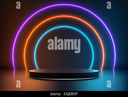 3D dark reflective circular platform illuminated by three concentric neon arches in purple, orange, and blue, technology concepts, product displays, a Stock Vector