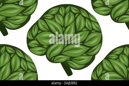 Vector seamless pattern with brain from foliage on white background. Texture with eco brains for wallpaper. Knowledge and education. Stock Vector