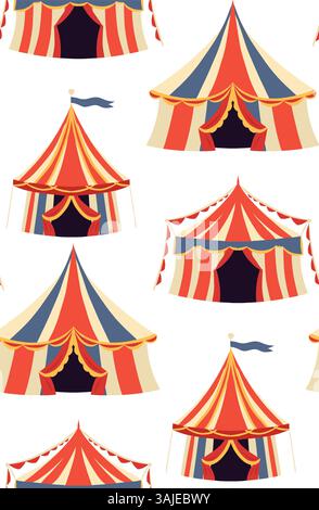 Vector seamless pattern with circus vintage tents on white background. Texture with colorful carnival marquees for fabric and wallpaper Stock Vector