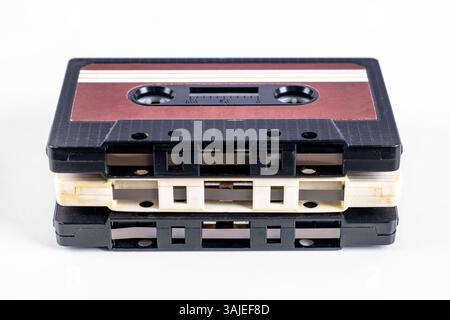 Old Audio Tape Cassettes on the White Background closeup Stock Photo
