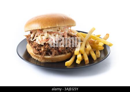 Pulled pork sandwich with coleslaw salad isolated on white background Stock Photo
