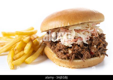 Pulled pork sandwich with coleslaw salad isolated on white background Stock Photo