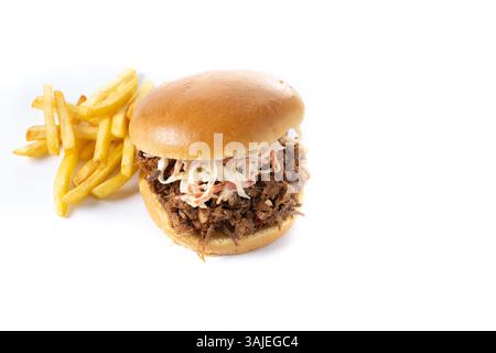 Pulled pork sandwich with coleslaw salad isolated on white background Stock Photo