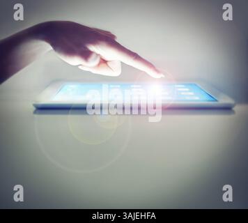Hand, tablet and press on screen in closeup for application, ui and choice for dashboard, mockup or menu. Person, digital touchscreen and finger for Stock Photo