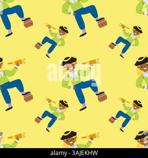 Cartoon pirate pattern with telescope and barrel on yellow background. Stock Vector