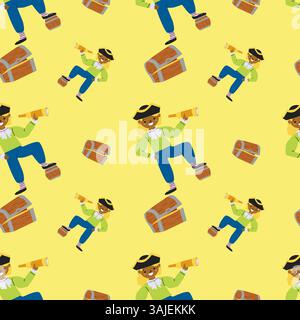 Seamless pirate bear pattern with telescope and treasure chest on yellow background. Stock Vector