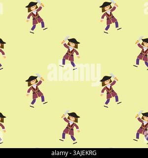 Pirate cartoon pattern on yellow background with playful characters. Stock Vector