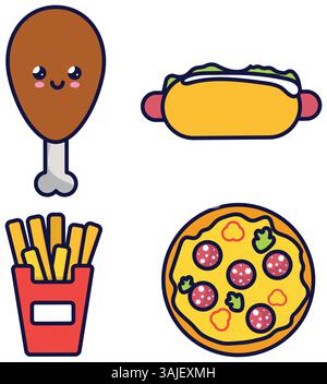 Set Kawaii Sticker Fast Food Coloring Page. Collection Cute Kawaii Fast ...