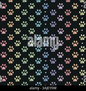 Colorful pink, green and blue colored doodle paw prints and hearts Stock Vector