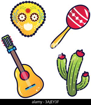 Cinco de Mayo set of vector lineal icons on the white background Stock Vector
