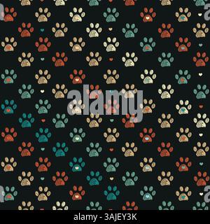 Green, orange nature colored doodle paw prints and hearts. Seamless fabric design pattern Stock Vector