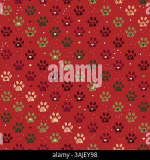 Christmas design doodle paw prints and hearts. Seamless fabric design pattern Stock Vector
