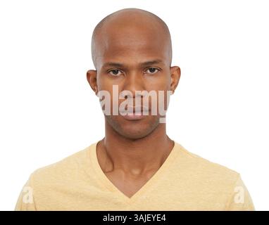 Black man, portrait and yellow T shirt with straight facial expression on a white studio background. Face of young African male person or model in Stock Photo