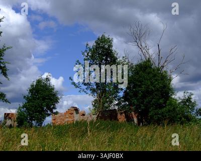 The abandoned ruins of a brick wall rise against a green field and a sky with clouds. Wildlife grows around, creating a contrast between destruction a Stock Photo