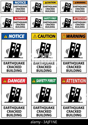 Earthquake warning sign in front of a damaged building with visible ...