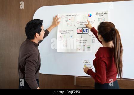 Presenting UX UI Concepts. Team members present UX UI design strategies for collaborative feedback and refinement. Stock Photo
