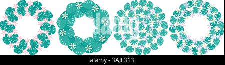 Monstera leaves Topical flowers Circle Frames Round fill Background Copy space Template idea Bundle. Isolated Vector illustration Thematic Cards, leaflets, poster, price tag, label or web promo banner Stock Vector