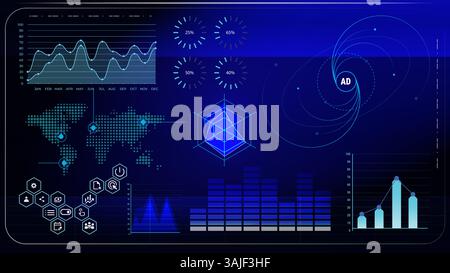 Data-driven interface with line charts, bar graphs, a radar chart, world map. Complex system for monitoring and analyzing diverse information. Stock Vector