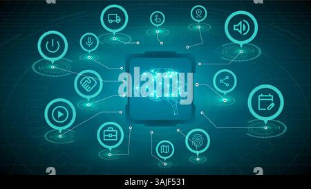Digital brain surrounded by business icons symbolizing interaction between AI, logistics, communication, and finance in modern enterprise systems. Stock Vector