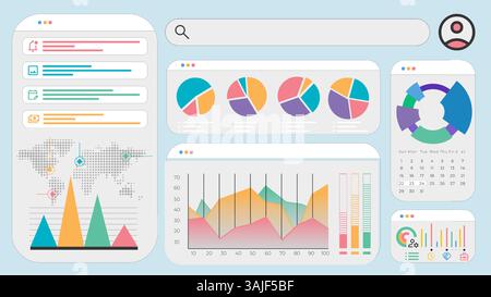 Flat dashboard layout featuring global analytics with pie charts, world map, calendar, and data layers. Stock Vector