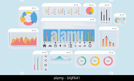 Colorful dashboard with bar charts, pie graphs, sliders, and circular infographics representing data monitoring and performance tracking Stock Vector