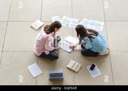 High angle view with female students studying together, while sitting on the university floor Stock Photo