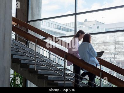 Two female students work side by side in the university lobby in front of big window Stock Photo