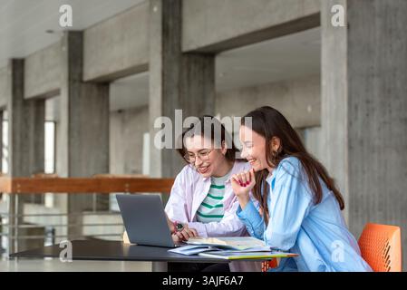 Two female students studying with the help of a laptop in the university cafeteria Stock Photo
