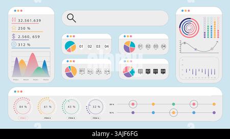 Modern dashboard interface with infographic rings, pie charts, line graphs, and numerical analysis visuals. Stock Vector