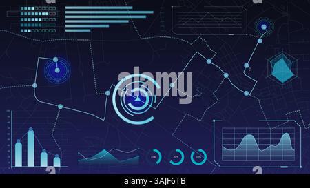 Futuristic data interface with glowing charts, timeline, digital radar and geographic analysis elements. Stock Vector