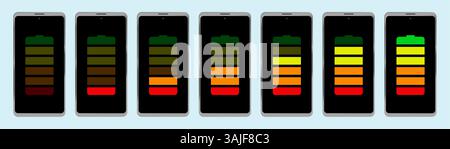 Smartphone with battery charge level set. Charge battery level indicators. Electricity accumulators. Electricity sign. Charging wire. Stock Vector