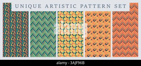 Seamless pattern set. Unique set of artistic patterns. Wallpaper patterns designed with vibrant colors. Stock Vector