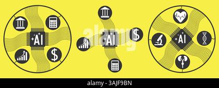 Set of illustrations about artificial intelligence, use of artificial intelligence in the sphere of business and medicine Stock Vector