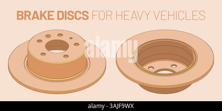 Brake discs for heavy vehicles. Isometric view anf flat style drawing. Stock Vector
