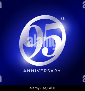 Elegant 95th Anniversary Logo Design With Silver Metallic Number On Blue Background. Luxury Celebration Emblem For Event, Company Birthday, Milestone Stock Vector