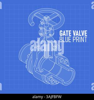 Vector gate valve technical drawing blueprints. Industrial equipment oil and gas valve. Perfect for mechan concept. Stock Vector