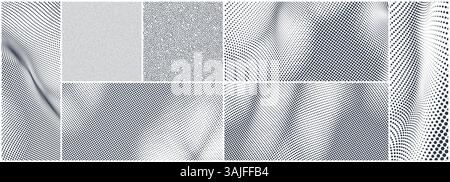 Background of black dots randomly moving on white backdrop. Chaotic concentration and dispersion of small particles. Grainy design. Pointillism patter Stock Vector