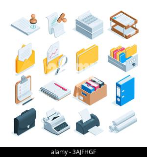 isometric set of icons on the theme of working with papers, in color on a white background, a typewriter with folders and documents Stock Vector