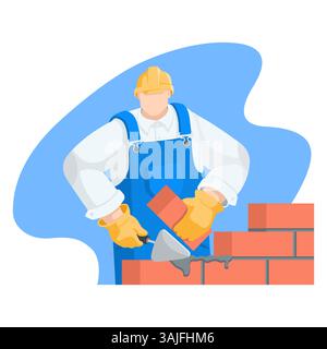 vector illustration of builder character building a brick wall, in color on a white background, profession of a mason Stock Vector