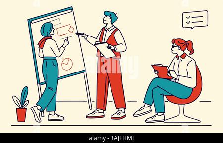 A team meeting scene featuring two colleagues working together on an easel board while another takes notes. Ideal for business, teamwork, or communica Stock Vector