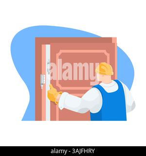 vector illustration of a builder in a hard hat and uniform installing a door at a construction site, in color on a white background, work on construct Stock Vector