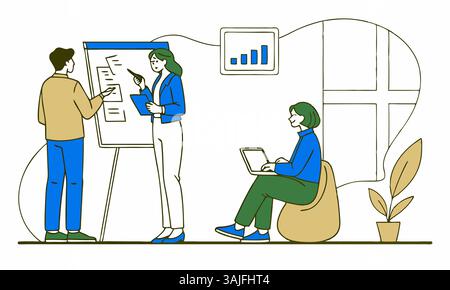 A team meeting scene featuring two colleagues working together on an easel board while another takes notes and uses a laptop. Ideal for business, team Stock Vector