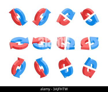 isometric set of round arrows, in color on a white background, pointers for infographics and design Stock Vector